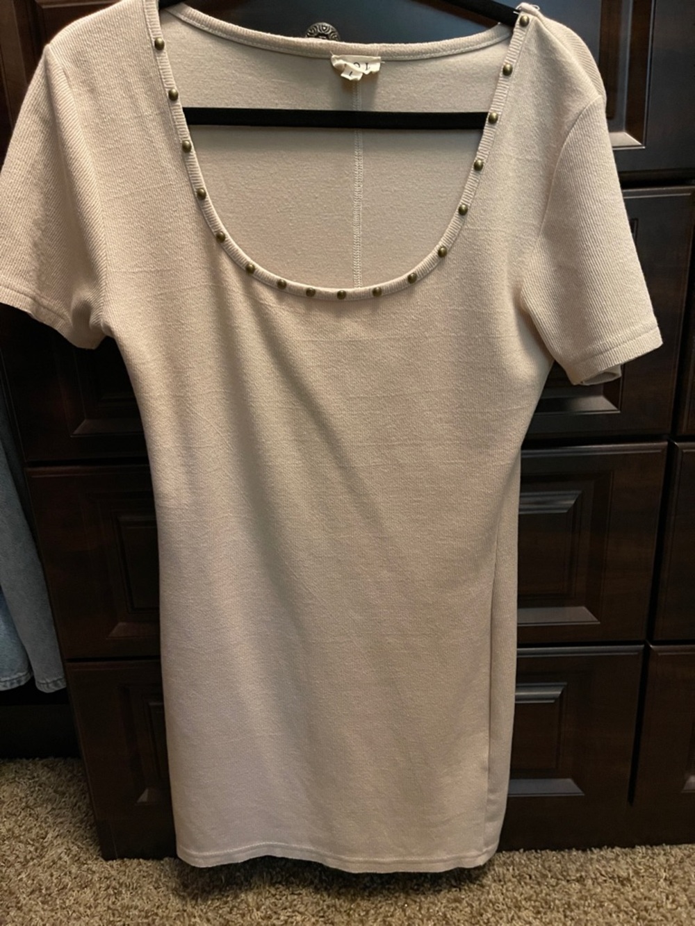 POL Beige Mini Dress with Studded Scoop Neck